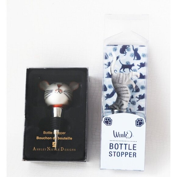 2 Cat Wine Stopper Ashley Nicole Designs Hand Blown & Cat Crawling Into Bottle - Picture 1 of 5